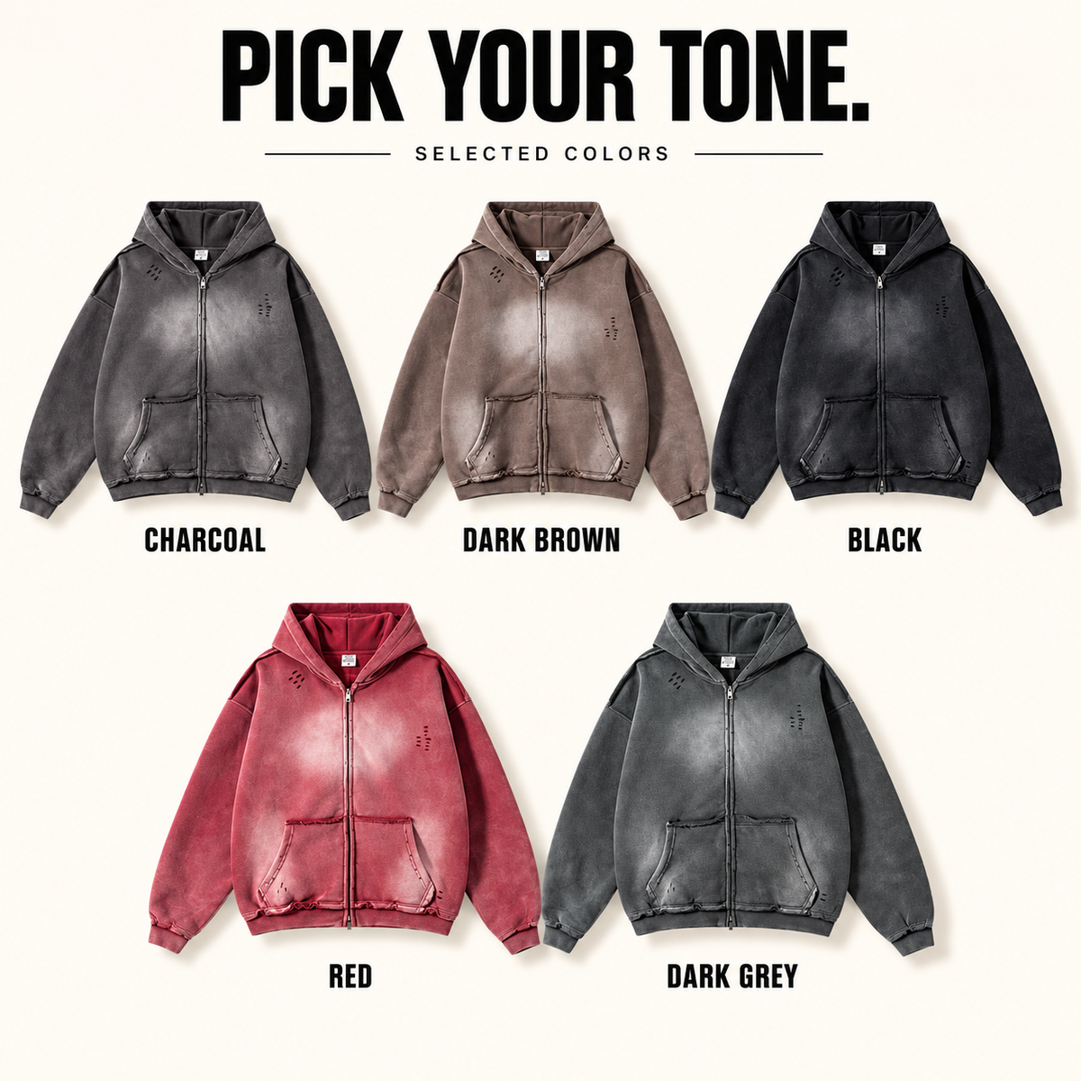 A01352 faded raw-edge two-way zip hoodie, ready-stock color selection