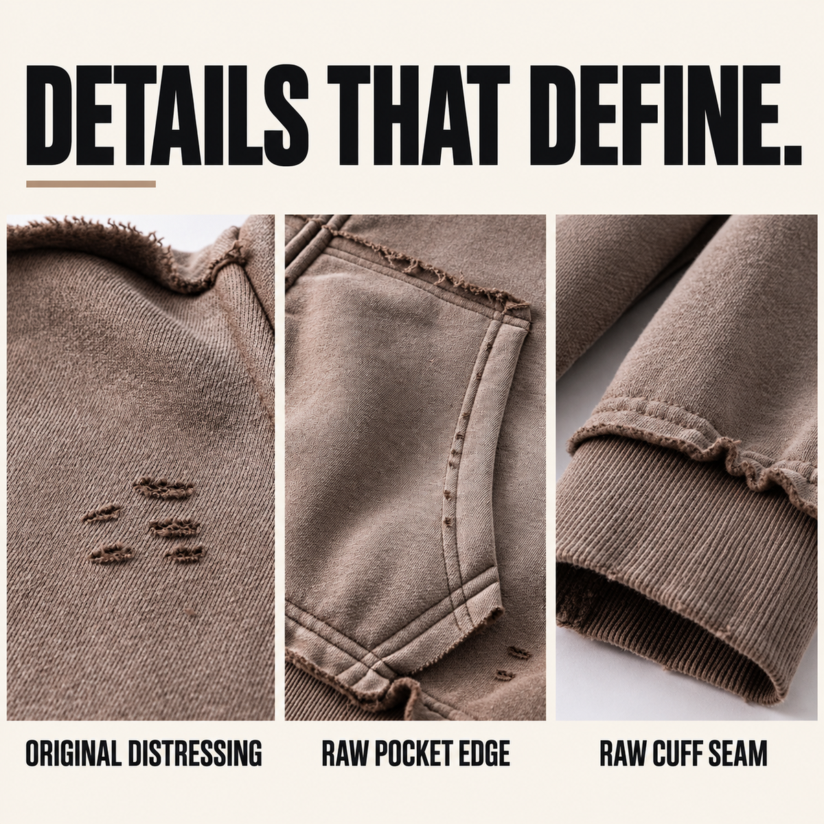 A01352 faded raw-edge two-way zip hoodie, close-up construction details