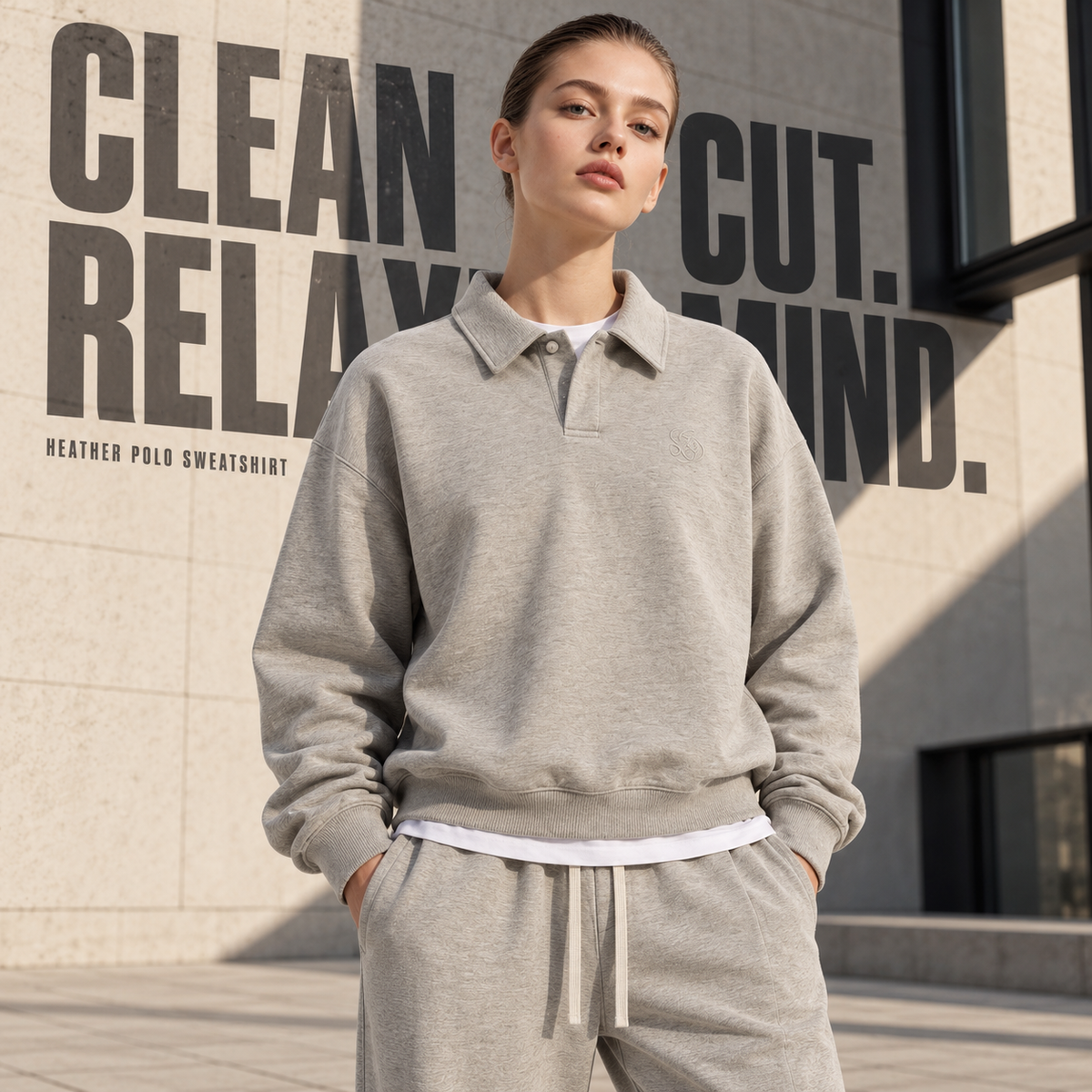 A0168 Oat Grey boxy heather embroidered polo sweatshirt, alternate styling view
