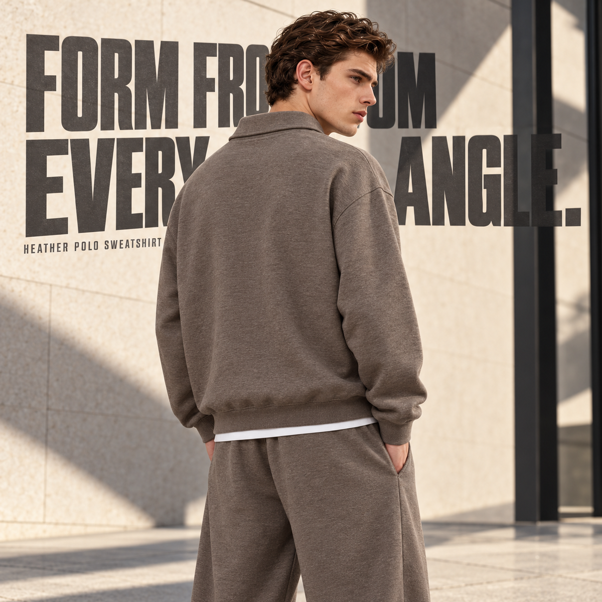A0168 Taupe Brown boxy heather embroidered polo sweatshirt, rear or three-quarter styling view