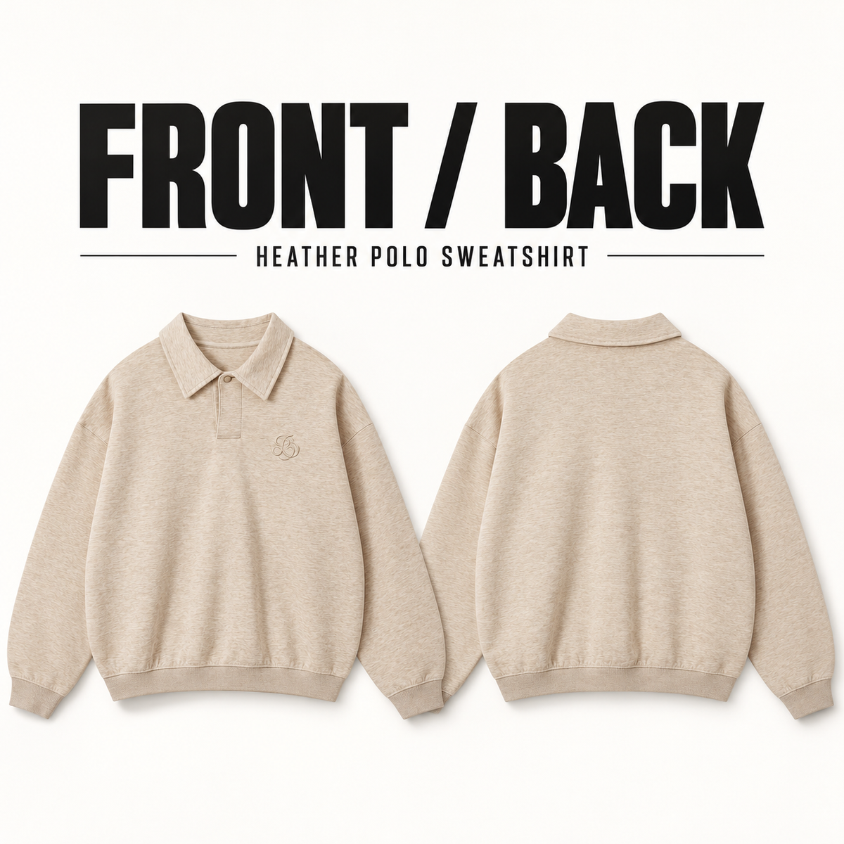 A0168 boxy heather embroidered polo sweatshirt, front and back garment construction
