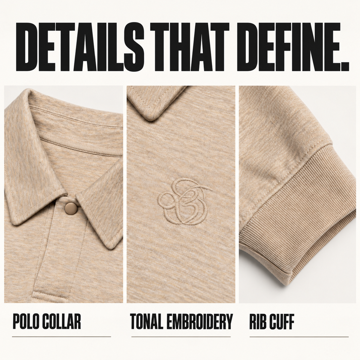 A0168 boxy heather embroidered polo sweatshirt, close-up construction details