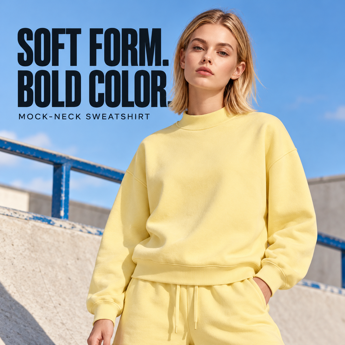 A01852 Light Yellow relaxed fleece mock-neck sweatshirt, alternate styling view