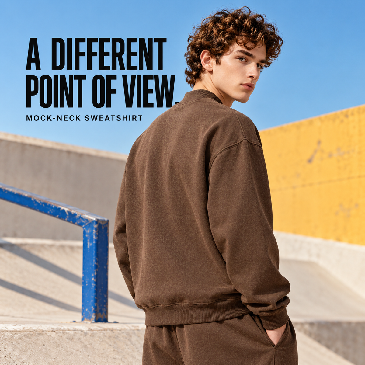 A01852 Brown relaxed fleece mock-neck sweatshirt, rear or three-quarter styling view