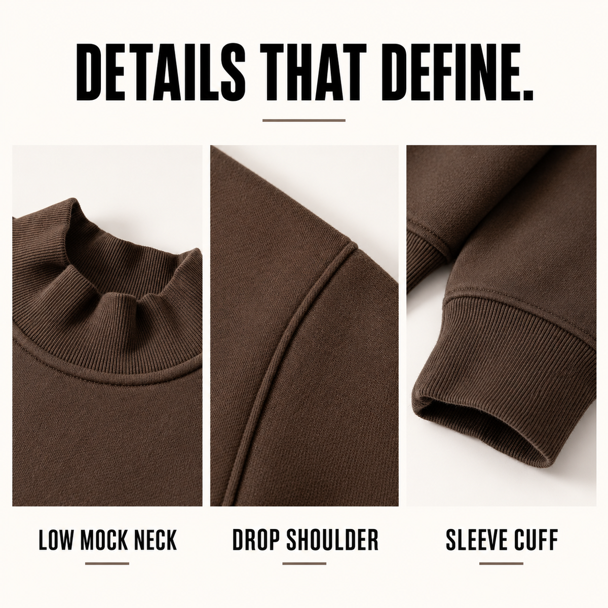 A01852 relaxed fleece mock-neck sweatshirt, close-up construction details