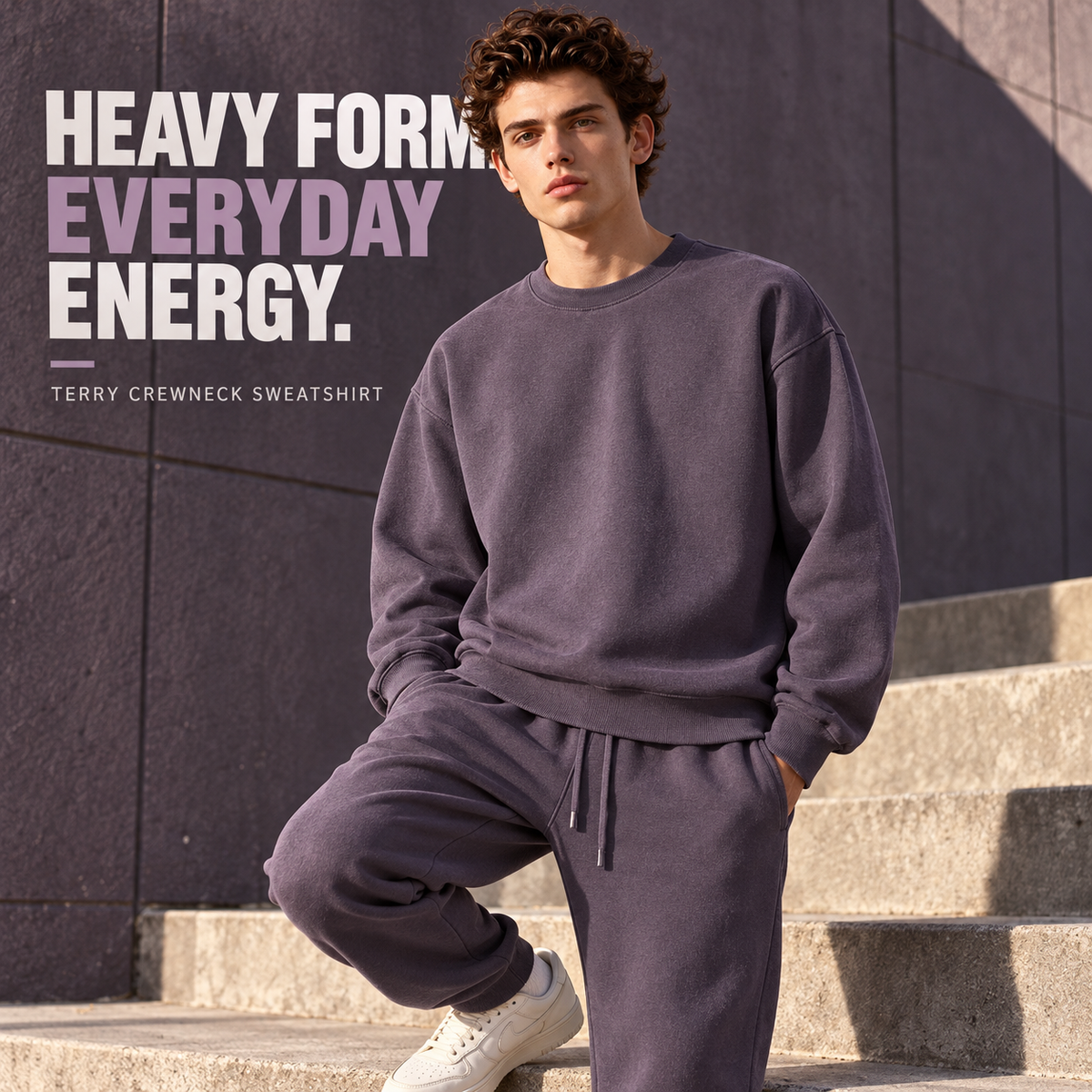 A03142 Plum Purple coverstitch terry crewneck sweatshirt, front styling view