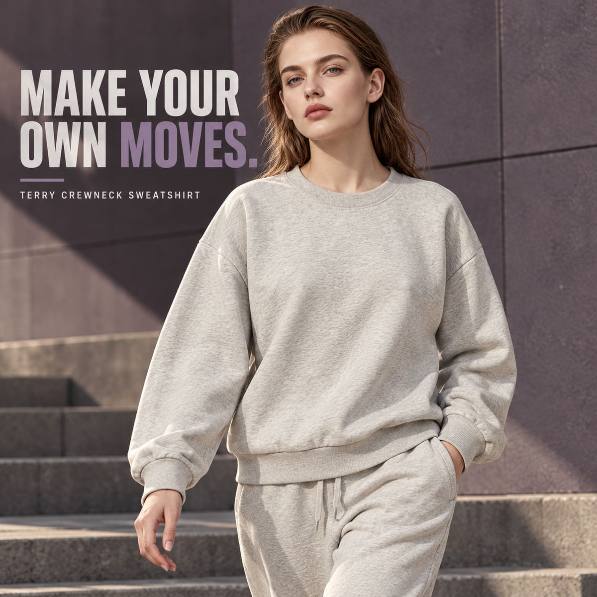 A03142 Oat Grey coverstitch terry crewneck sweatshirt, alternate styling view