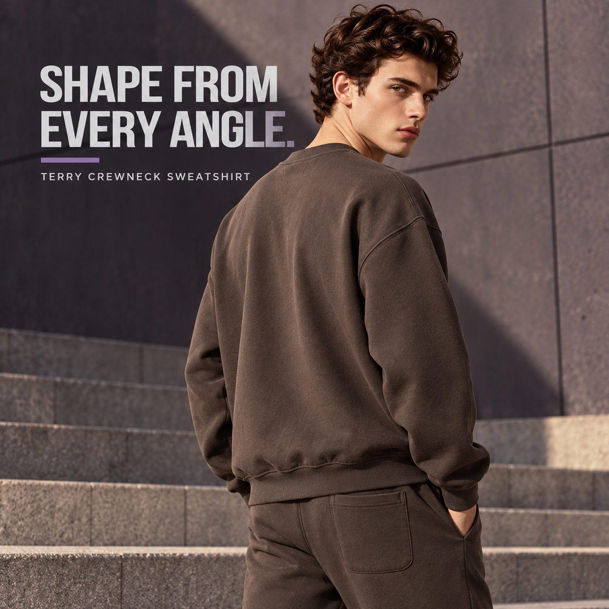 A03142 Brown coverstitch terry crewneck sweatshirt, rear or three-quarter styling view
