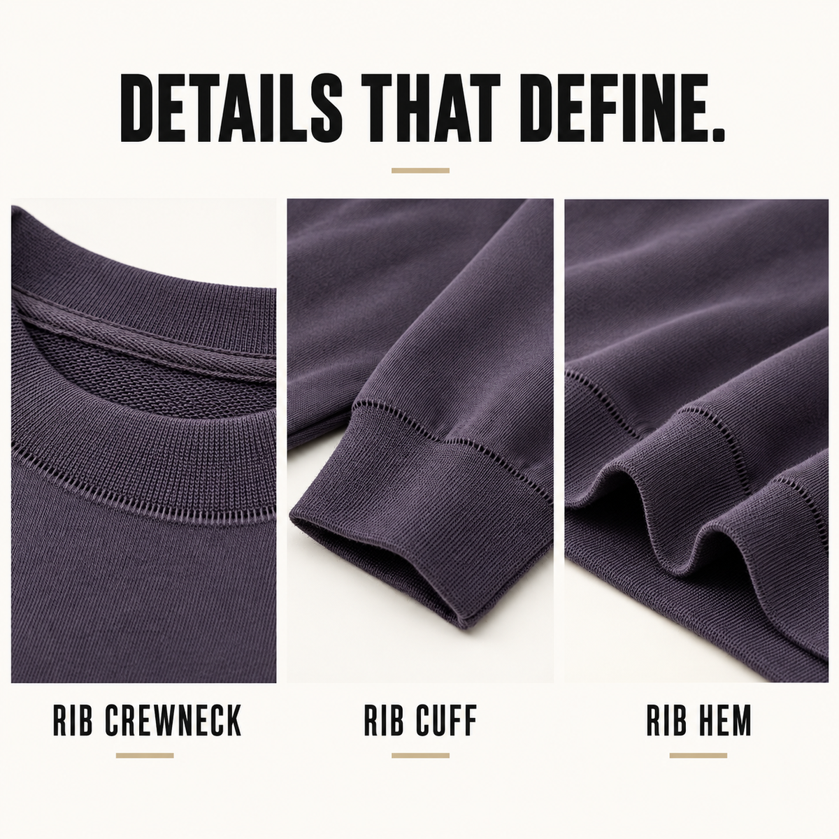 A03142 coverstitch terry crewneck sweatshirt, close-up construction details