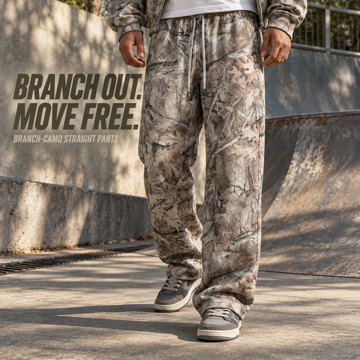A03552 Branch Camo branch camo straight-leg sweatpants, front styling view