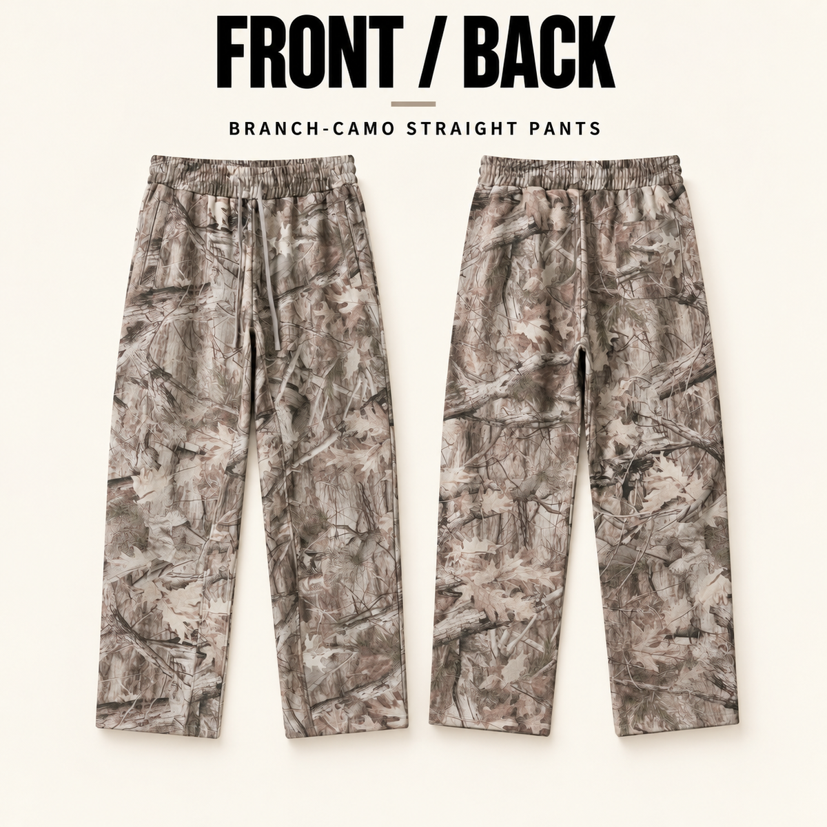 A03552 branch camo straight-leg sweatpants, front and back garment construction