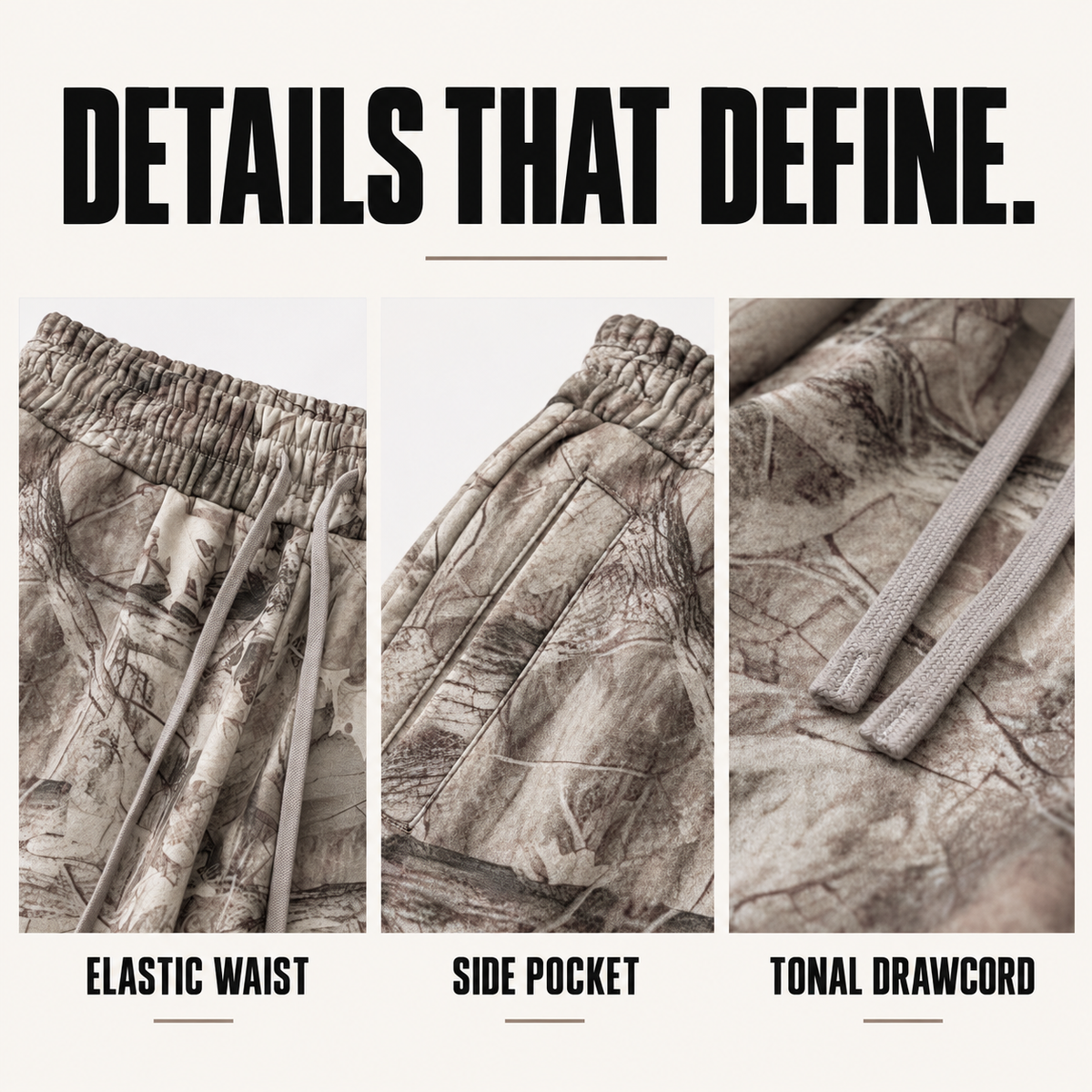 A03552 branch camo straight-leg sweatpants, close-up construction details