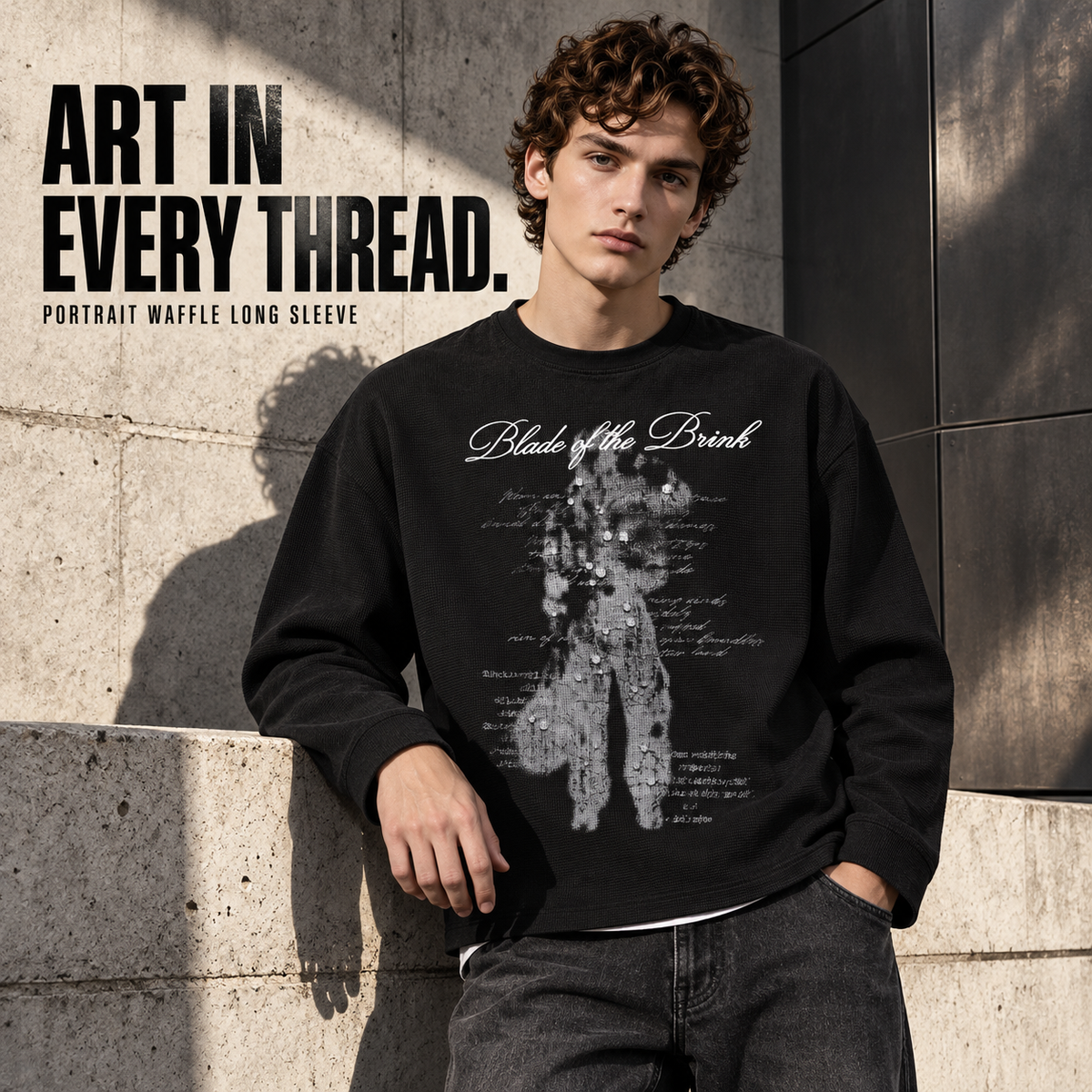 A0368 Black portrait print embroidered waffle long sleeve t-shirt, front styling view
