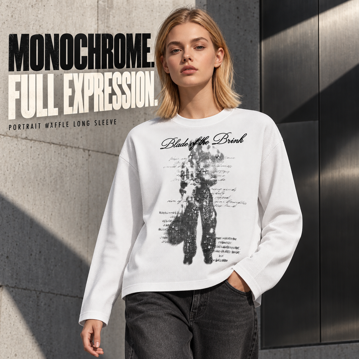 A0368 White portrait print embroidered waffle long sleeve t-shirt, alternate styling view