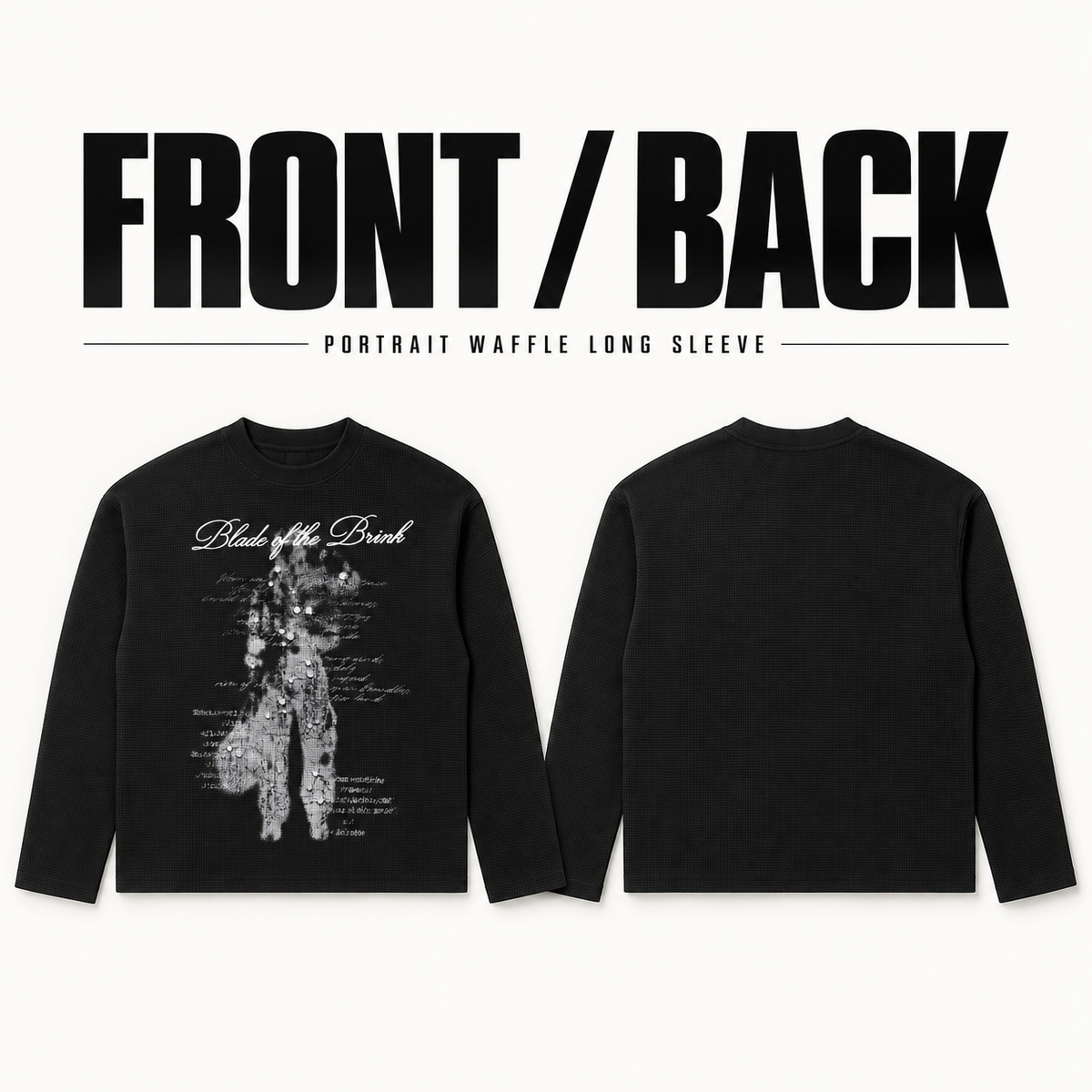 A0368 portrait print embroidered waffle long sleeve t-shirt, front and back garment construction