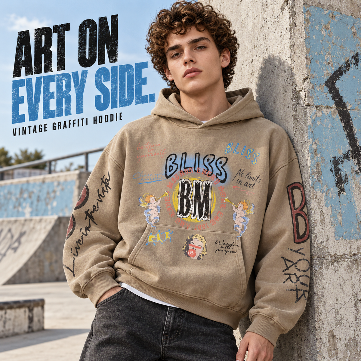 A0468 Khaki washed graffiti print cotton hoodie, front styling view