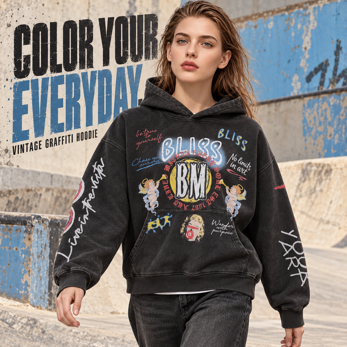 A0468 Snow Wash Black washed graffiti print cotton hoodie, alternate styling view