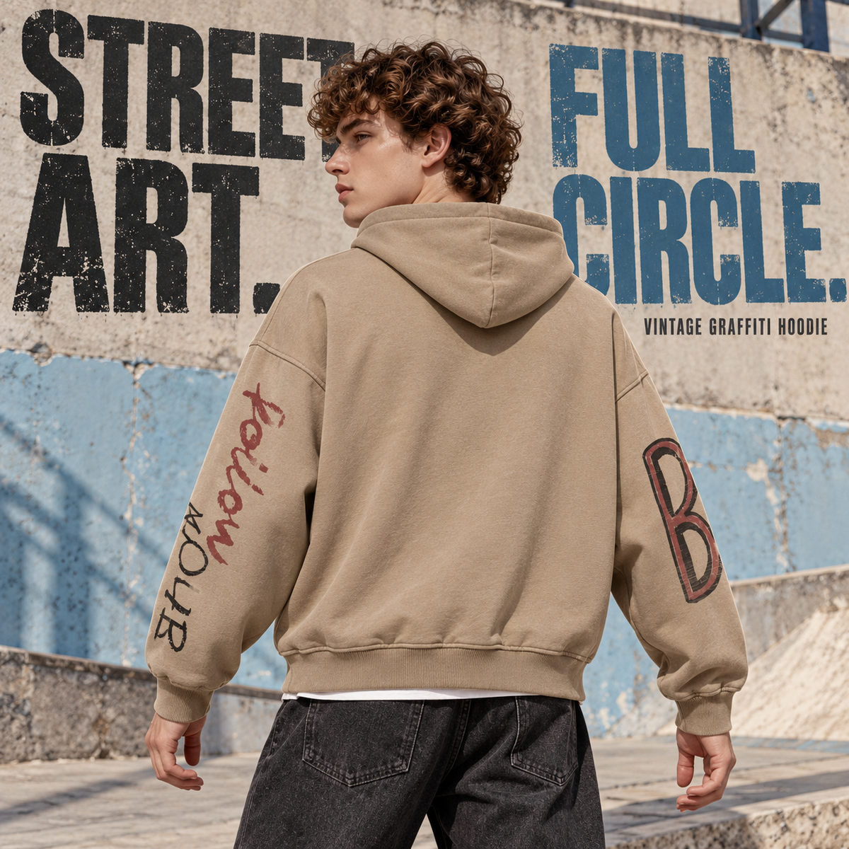 A0468 Khaki washed graffiti print cotton hoodie, rear or three-quarter styling view