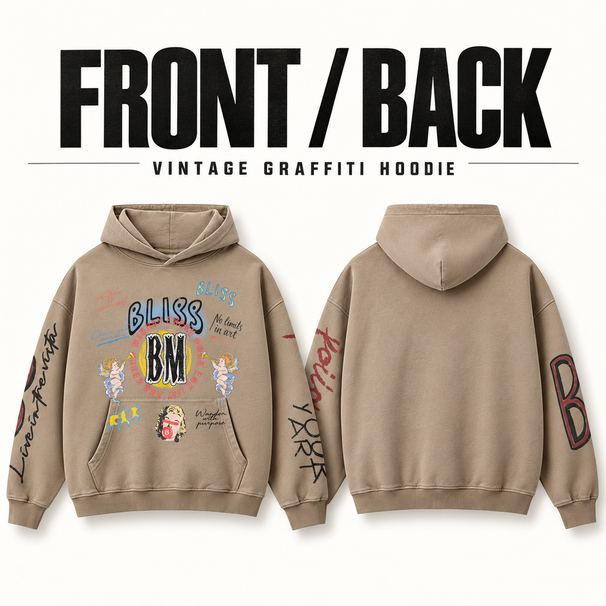 A0468 washed graffiti print cotton hoodie, front and back garment construction