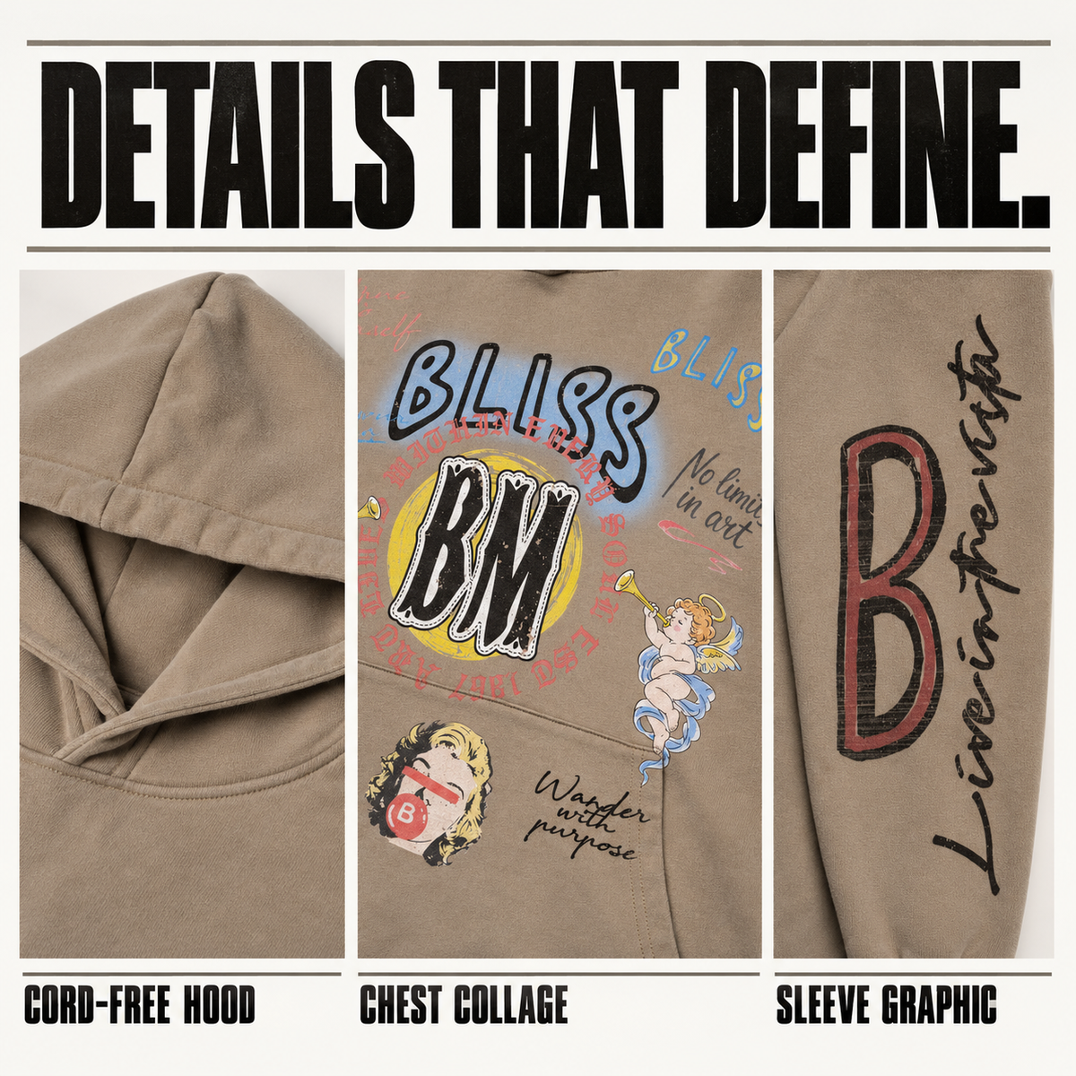 A0468 washed graffiti print cotton hoodie, close-up construction details