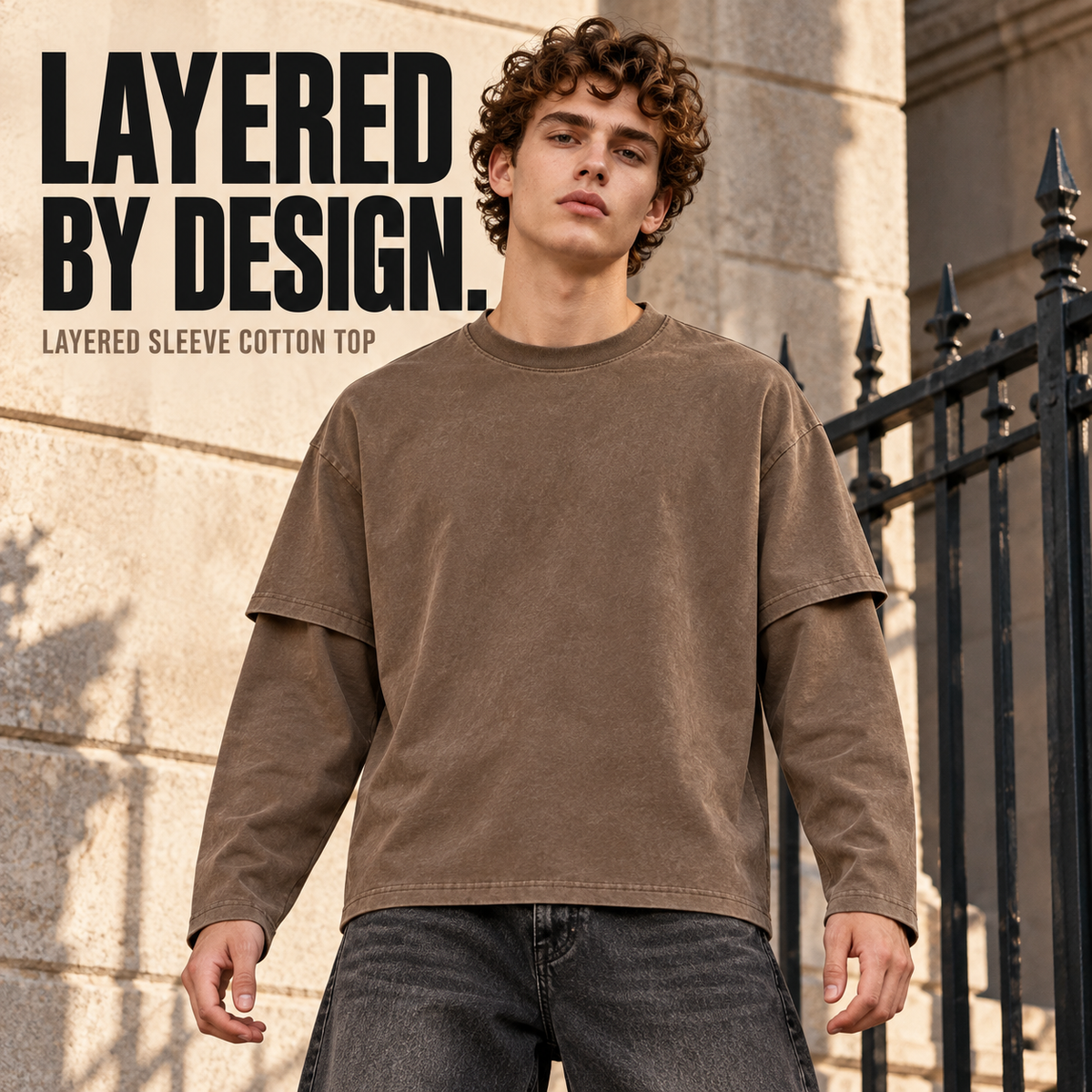 A05362 Brown washed cotton layered-sleeve t-shirt, front styling view