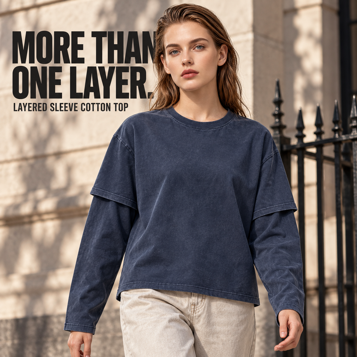 A05362 Royal Blue washed cotton layered-sleeve t-shirt, alternate styling view