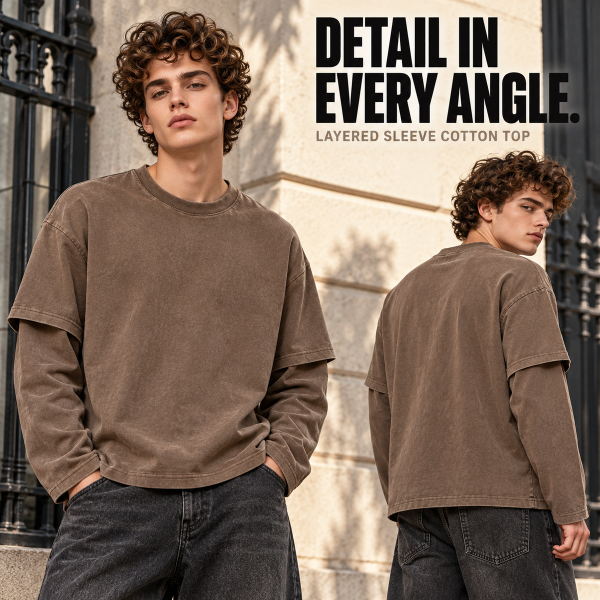 A05362 Brown washed cotton layered-sleeve t-shirt, rear or three-quarter styling view