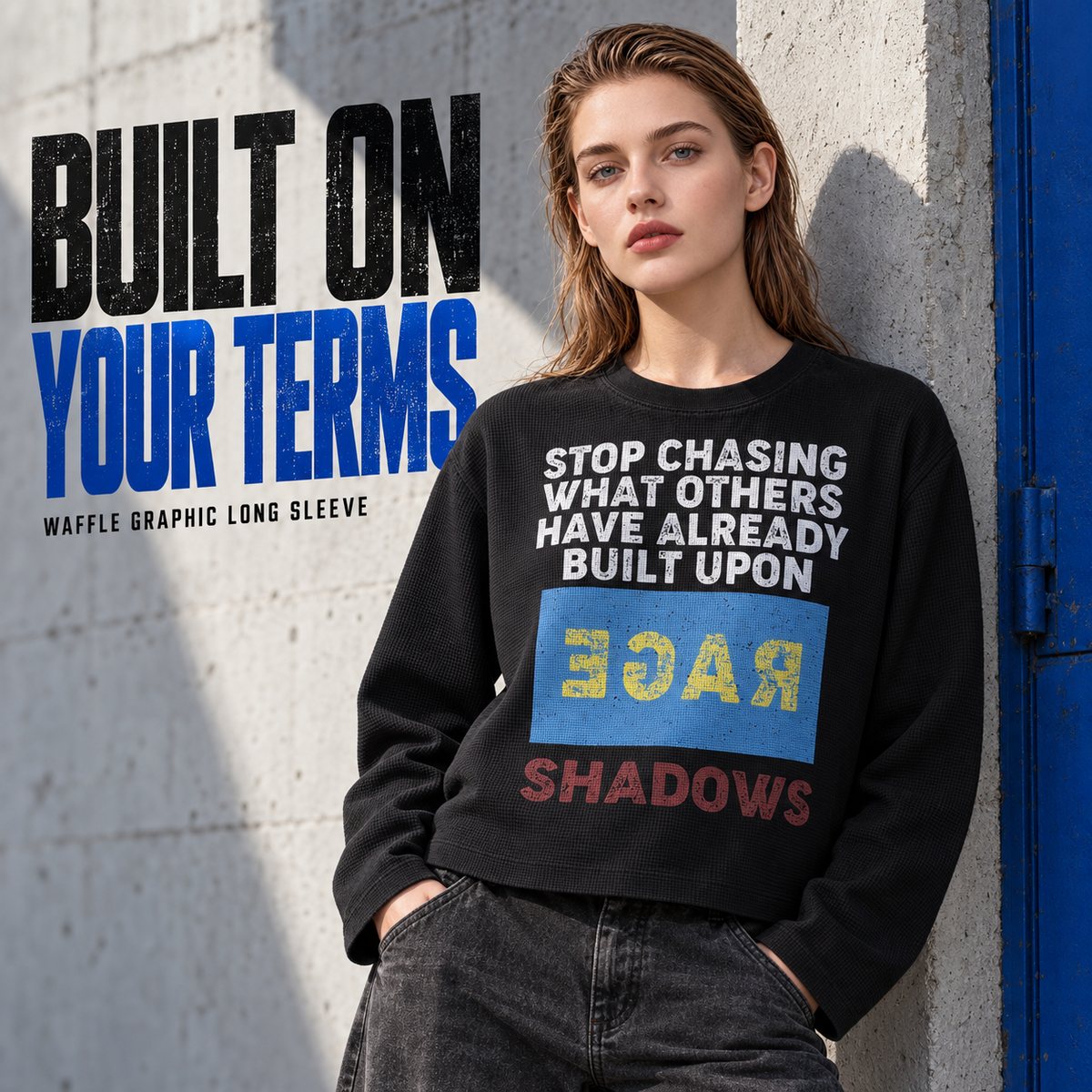 A0568 Black distressed letter waffle long sleeve t-shirt, alternate styling view