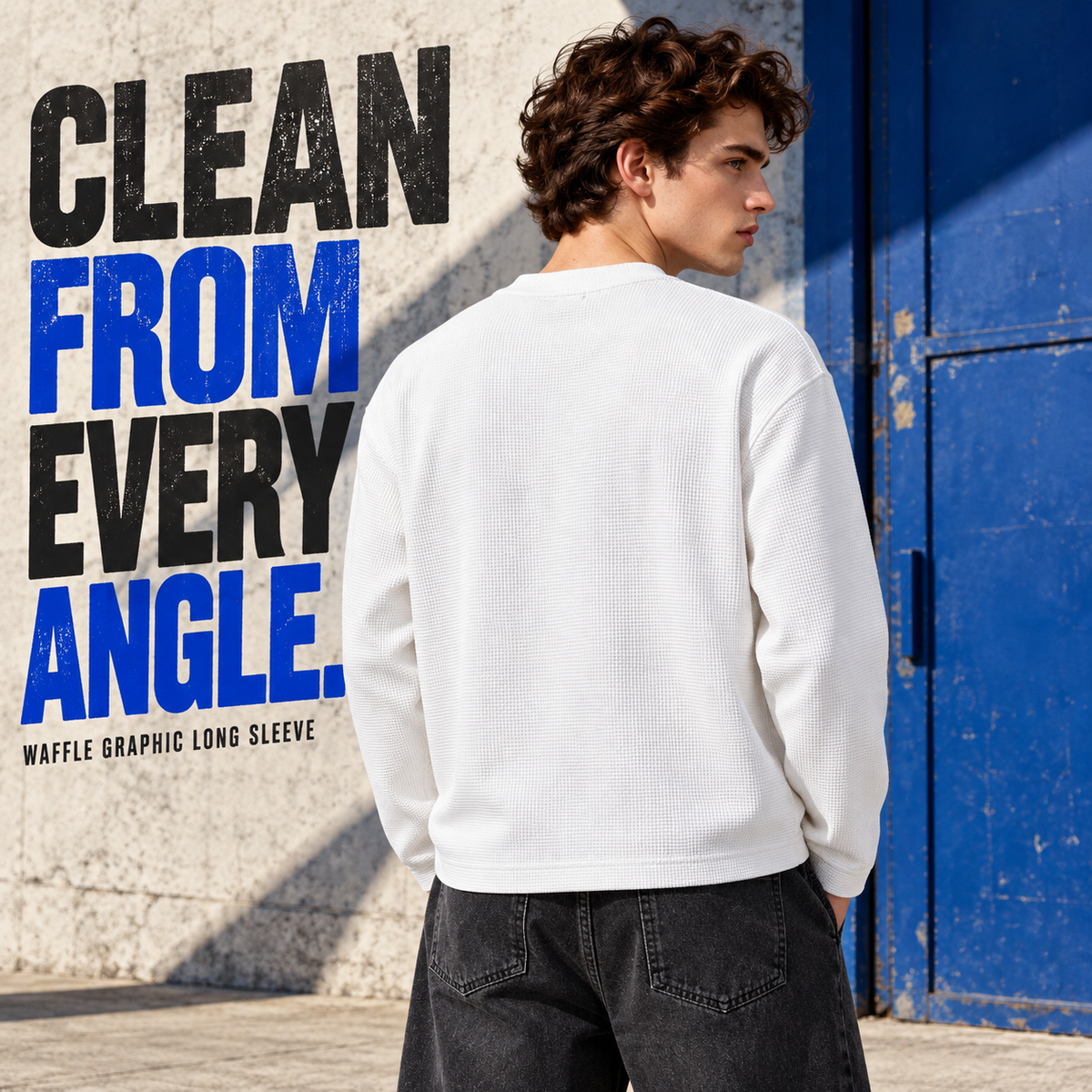 A0568 White distressed letter waffle long sleeve t-shirt, rear or three-quarter styling view