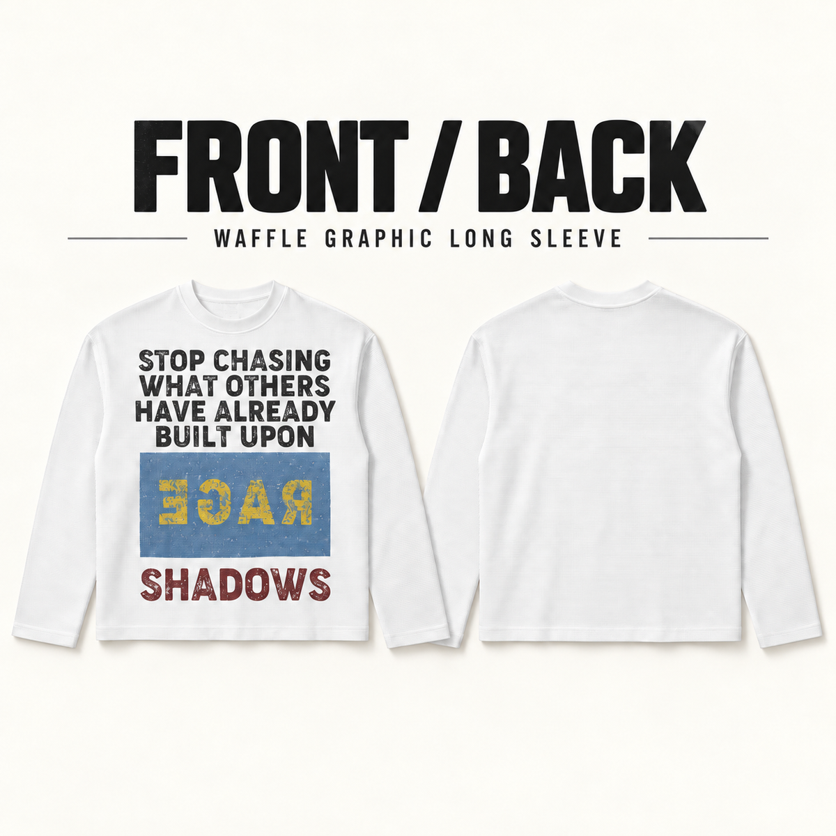 A0568 distressed letter waffle long sleeve t-shirt, front and back garment construction