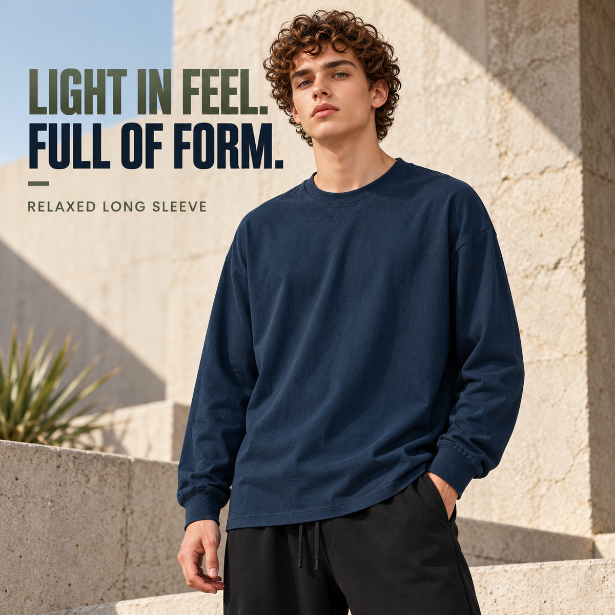 A0642 Midnight Blue oversized long sleeve T-shirt on a model