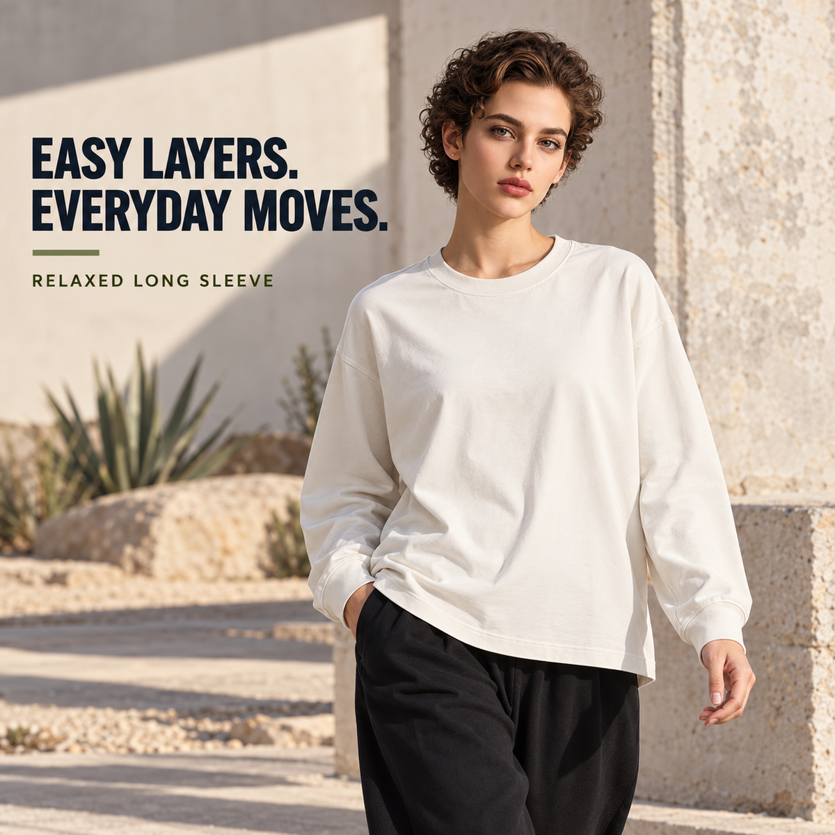A0642 Ivory oversized cotton-blend long sleeve T-shirt on a model