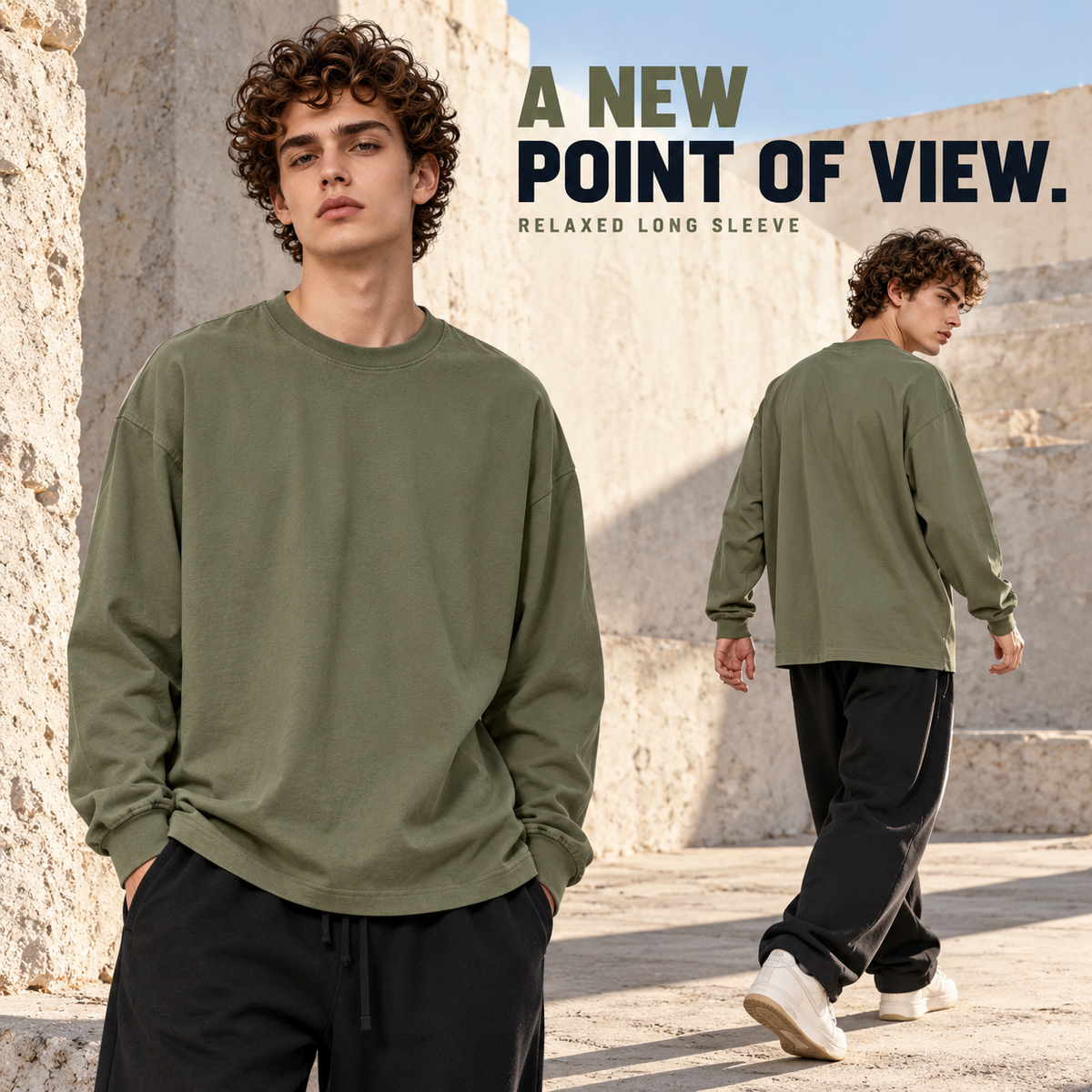 A0642 Desert Green oversized long sleeve T-shirt, front and back fit