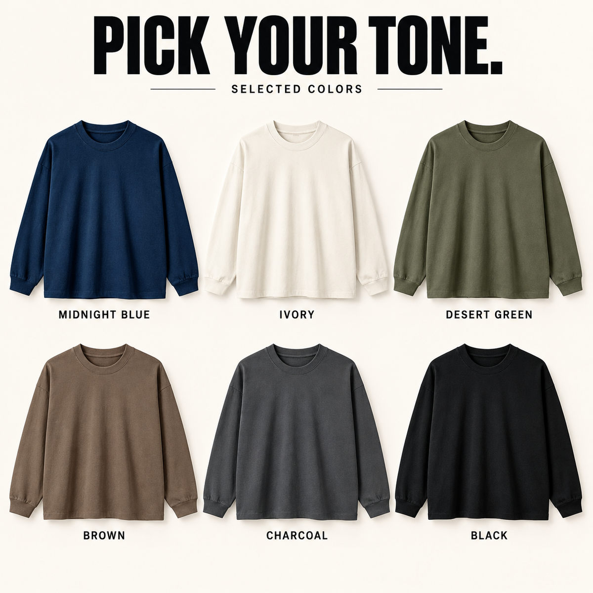 A0642 ready-stock colors: Midnight Blue, Ivory, Desert Green, Brown, Charcoal and Black