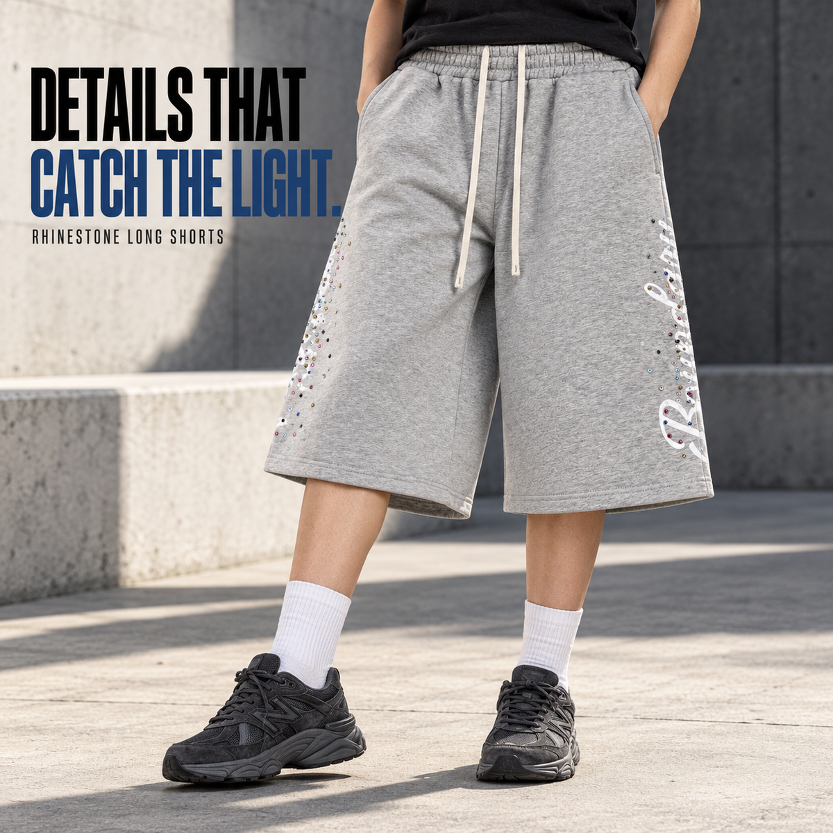 A0668 Heather Grey rhinestone script fleece bermuda shorts, alternate styling view