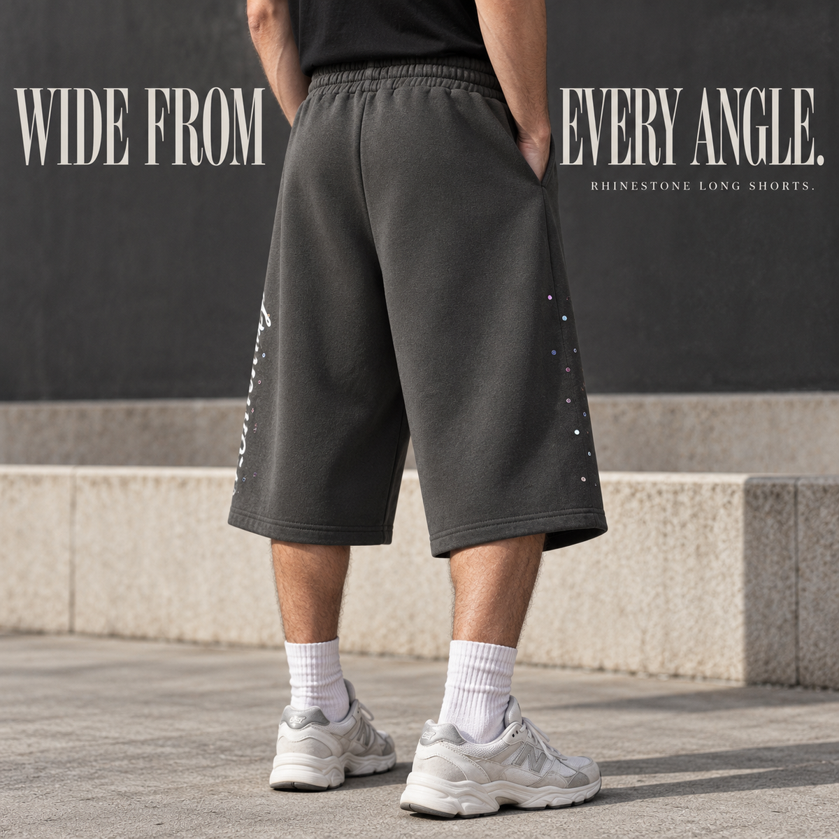 A0668 Dark Grey rhinestone script fleece bermuda shorts, rear or three-quarter styling view
