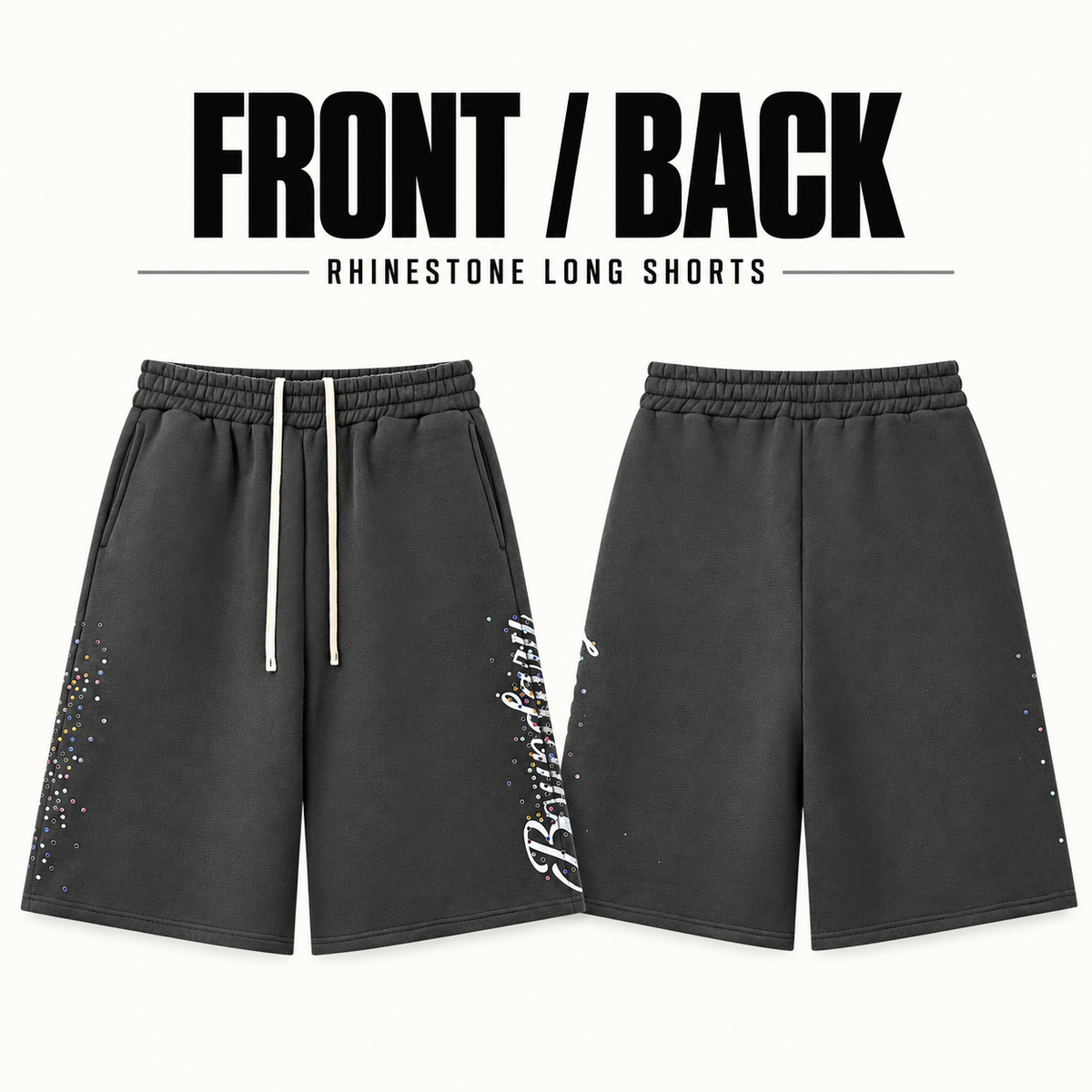 A0668 rhinestone script fleece bermuda shorts, front and back garment construction