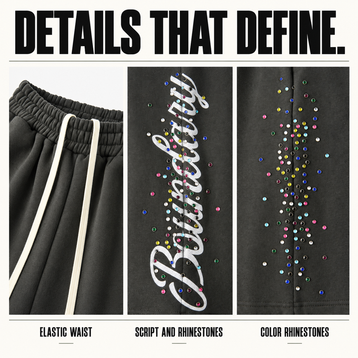 A0668 rhinestone script fleece bermuda shorts, close-up construction details
