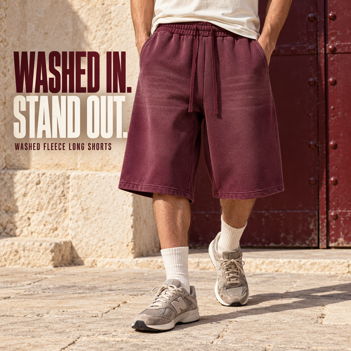 A09362 Dark Red washed fleece bermuda shorts, front styling view