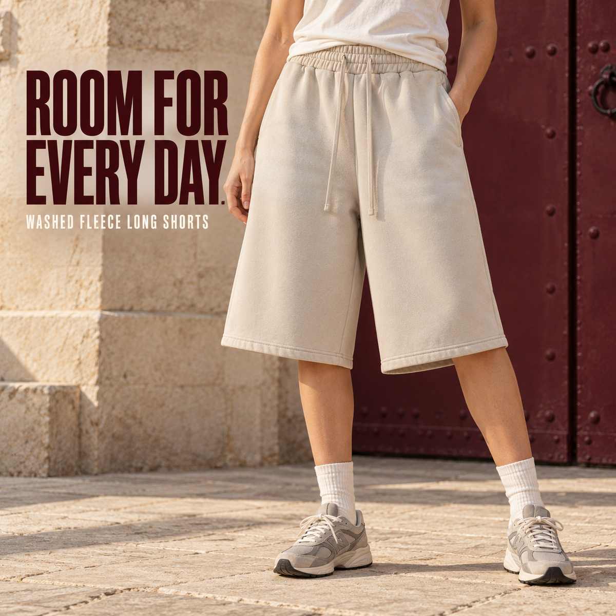 A09362 Khaki washed fleece bermuda shorts, alternate styling view