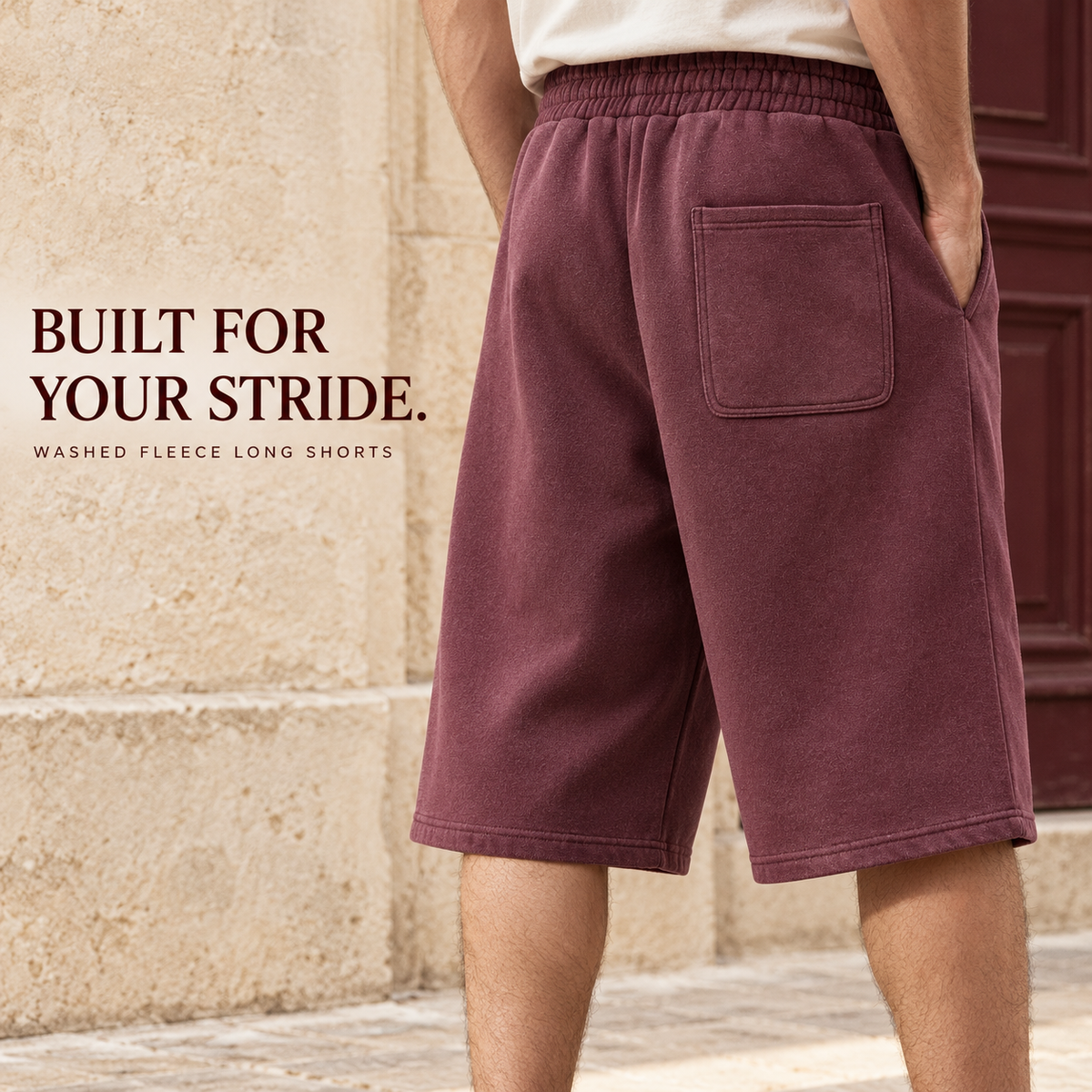 A09362 Dark Red washed fleece bermuda shorts, rear or three-quarter styling view