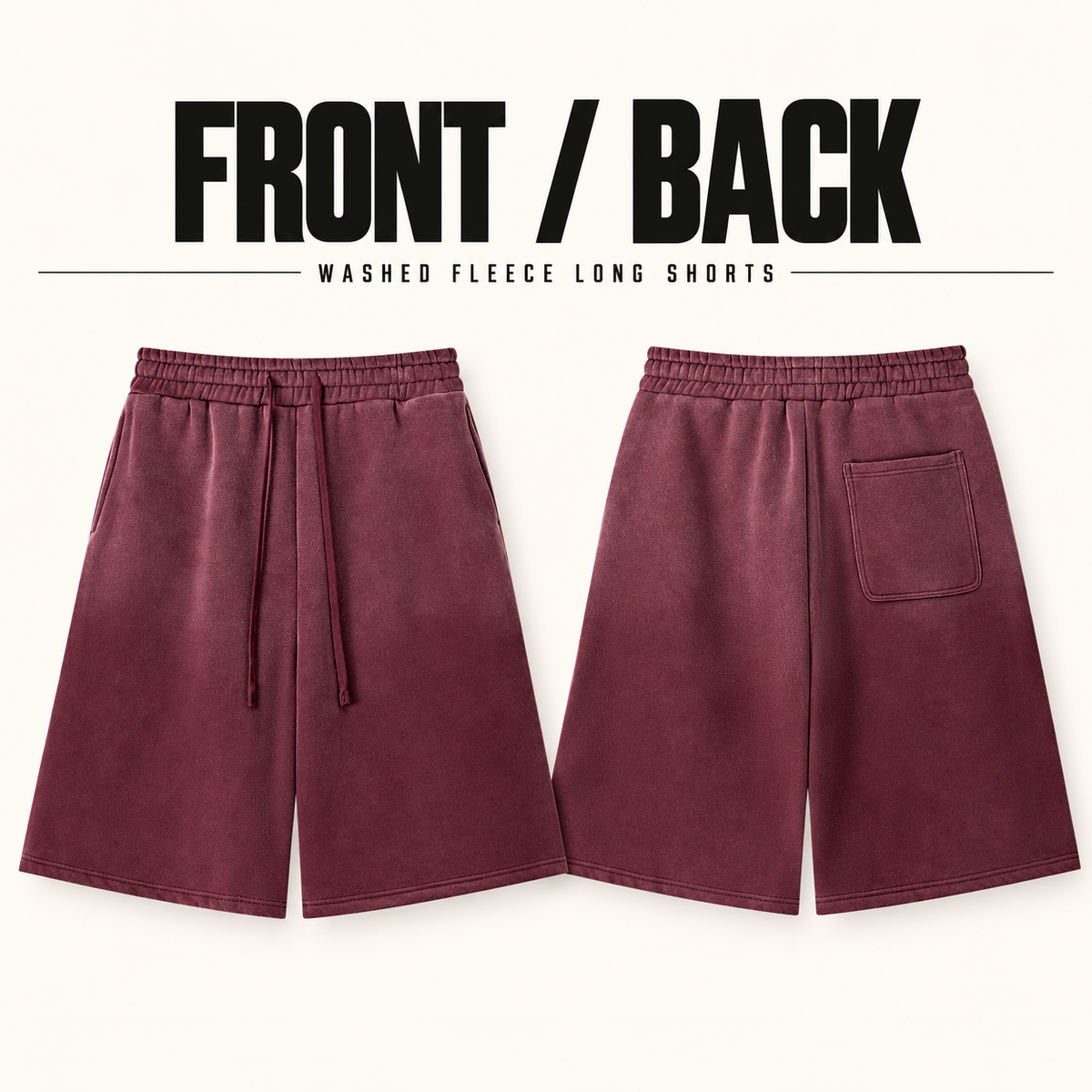 A09362 washed fleece bermuda shorts, front and back garment construction