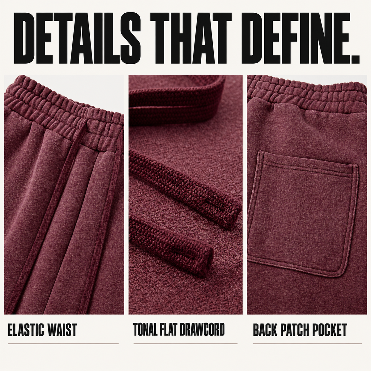 A09362 washed fleece bermuda shorts, close-up construction details