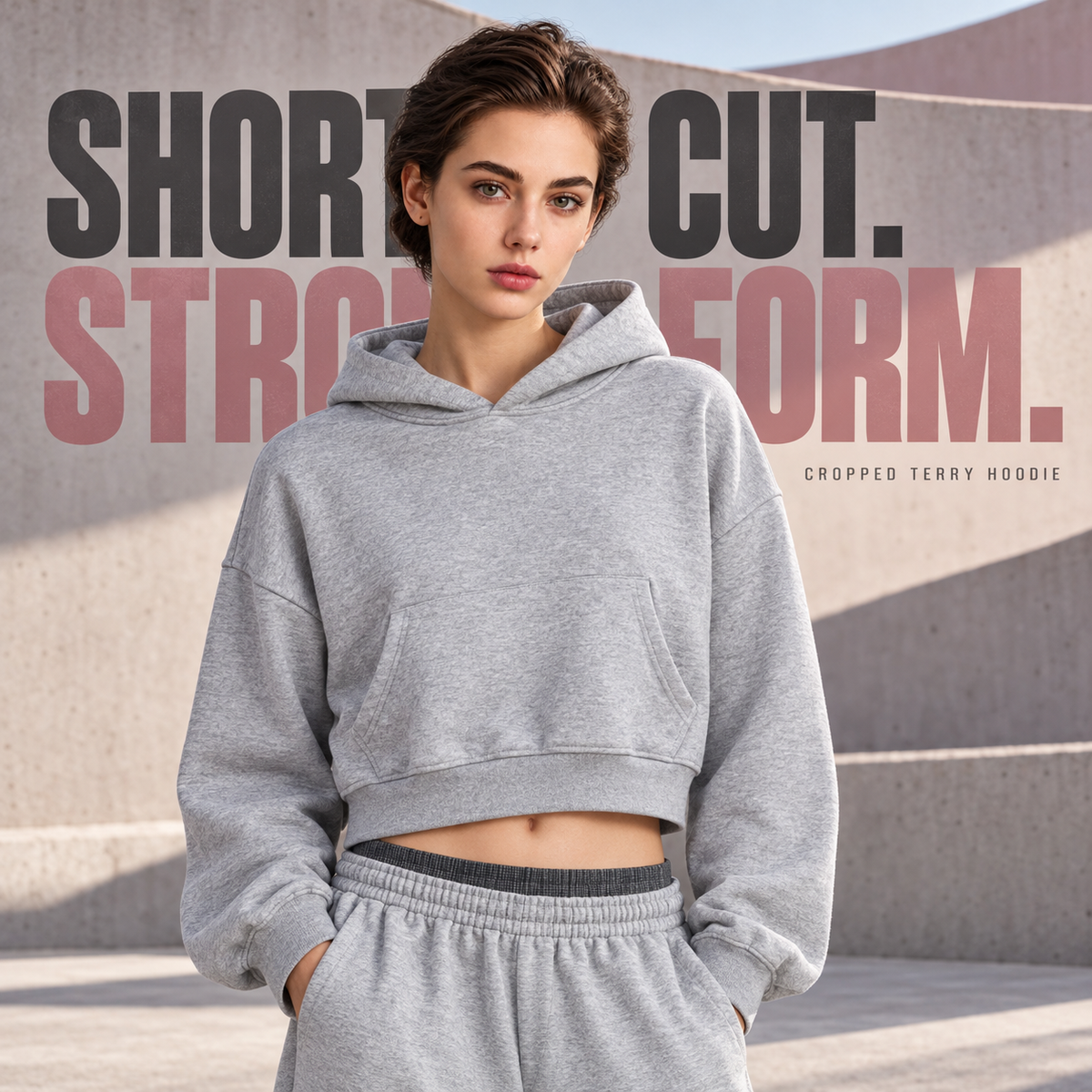 A10552 Heather Grey women's cropped terry pullover hoodie, front styling view