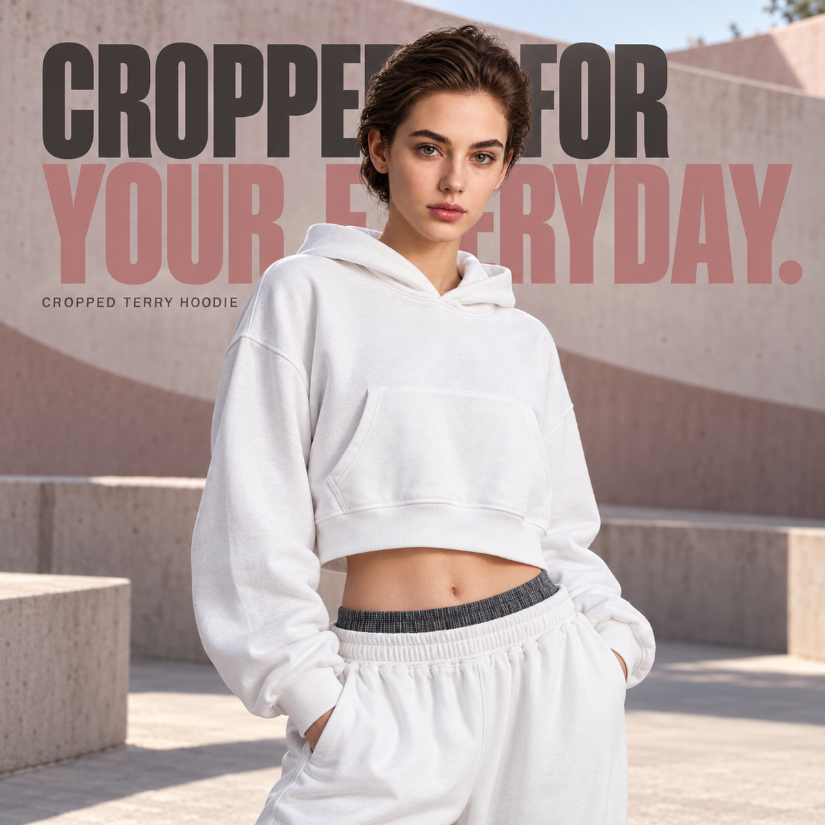 A10552 White women's cropped terry pullover hoodie, alternate styling view
