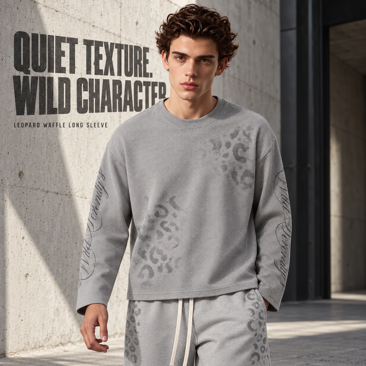 A1068 Heather Grey faded leopard waffle long sleeve t-shirt, front styling view