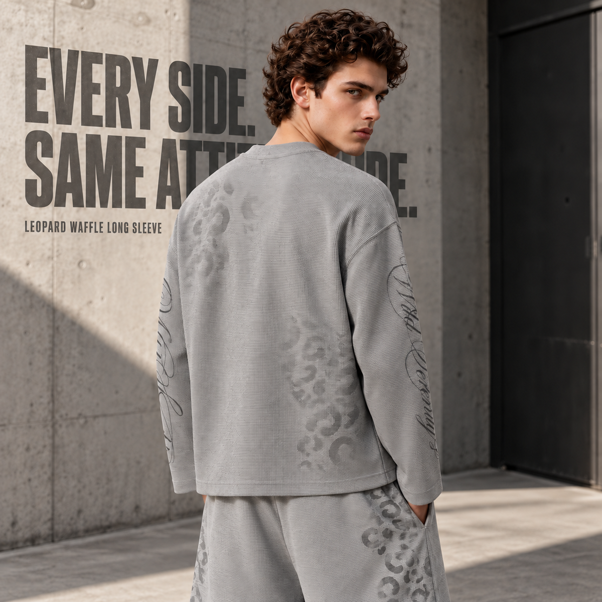 A1068 Heather Grey faded leopard waffle long sleeve t-shirt, rear or three-quarter styling view