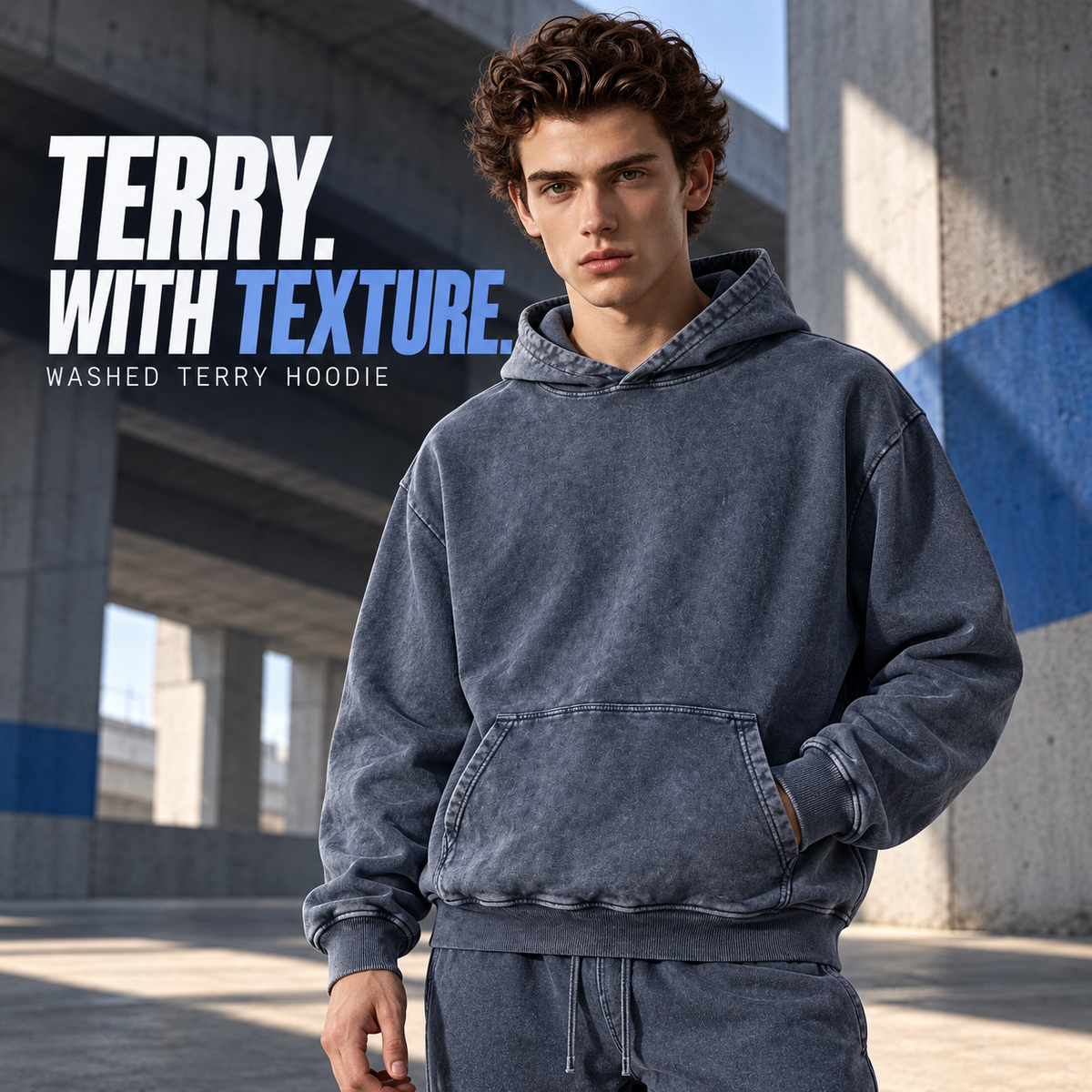 A1120 Royal Blue washed cotton french terry hoodie, front styling view