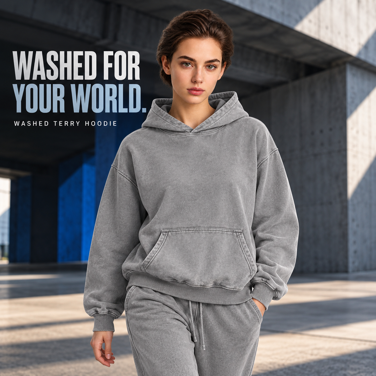 A1120 Light Grey washed cotton french terry hoodie, alternate styling view