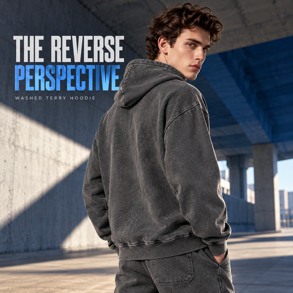 A1120 Dark Grey washed cotton french terry hoodie, rear or three-quarter styling view